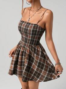 SHEIN ICON 女式西部波西米亚乡村返校娃娃裙乡村外出格纹格子衬裙可爱秋季迷你连衣裙