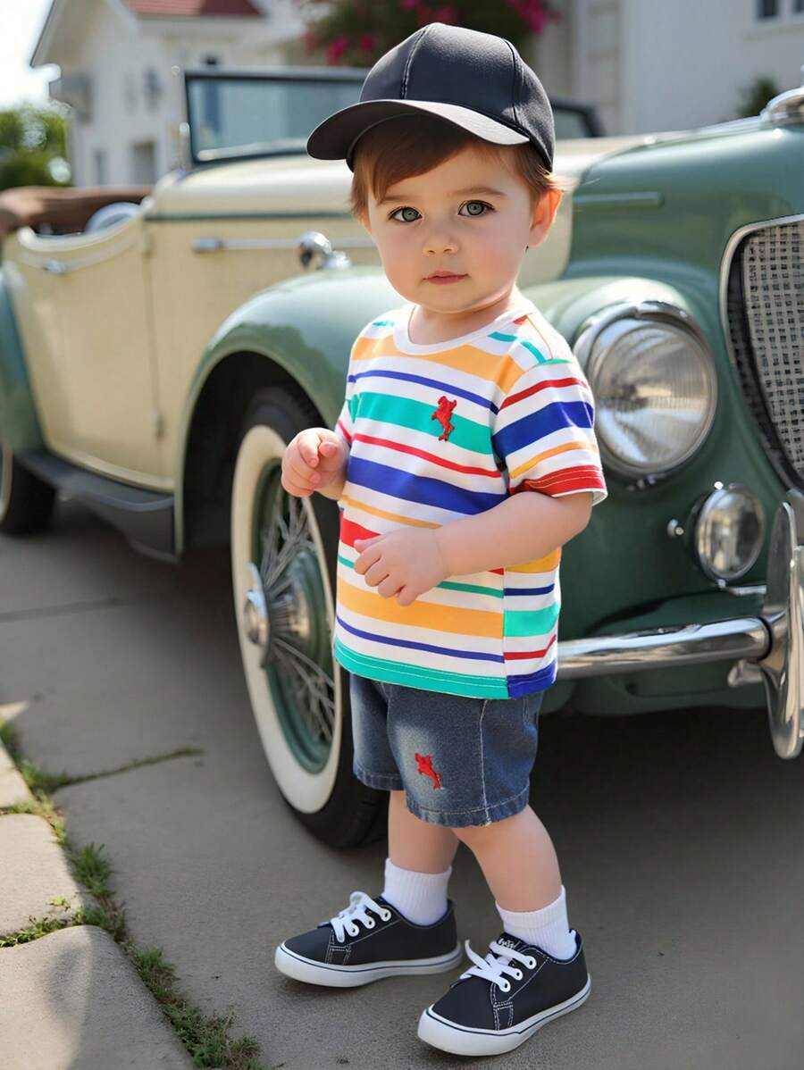 2 件婴幼儿男童韩版彩色条纹圆领短袖 T 恤和海军蓝刺绣牛仔短裤套装，适合春夏季休闲、度假、派对穿着