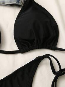 Swim Vcay Summer Beach Solid Bikini Set Halter Triangle Bra & High Cut Bottom 2 Piece Bathing Suit - Black - View 4