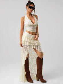 SHEIN ICON 2pcs/Set Women Lace Halter Neck Camisole And Asymmetrical Hem Mini Skirt 4th Of July Women Outfits Back To School - White - View 3