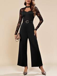 SHEIN Clasi Women's Splicing Lace Hollow Out Wide Leg Jumpsuit - Black - View 1