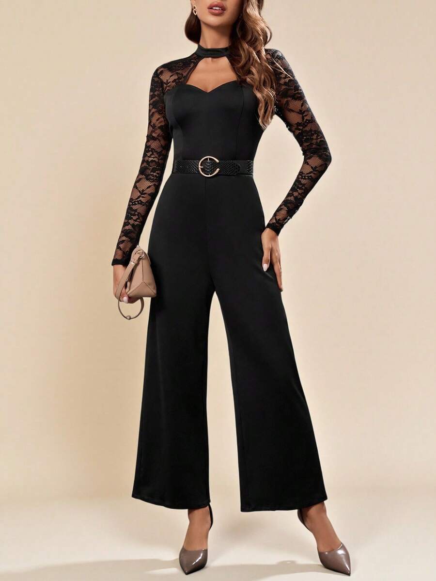 SHEIN Clasi Women's Splicing Lace Hollow Out Wide Leg Jumpsuit - Black - View 1