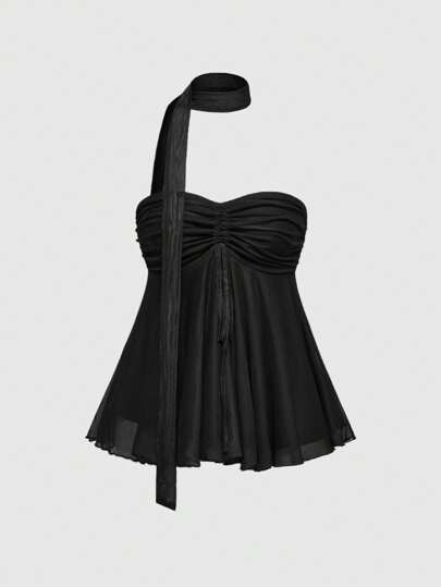 Kawaii Summer Y2K Women Cute Solid Black Tube Top With Neck Tie