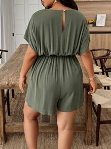 EMERY ROSE Women Plus Size Summer Casual Solid Color V-Neck Batwing Sleeve Pleated Romper - Army Green - View 2