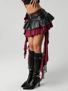 SHEIN ICON Women Black & Red Contrast Color PU Leather Punk Style Plaid Metal Waist Belt Lace Pendant Asymmetric Hem Mini Skirt - Black - View 3