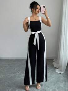 Elenzga Women's Elegant Square Neck Colorblock Jumpsuit, Tight And Wide-Leg Style, Suitable For Work And Daily Wear - Black - View 3