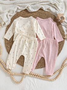 Loomiva 新生儿 4 件套 - 碎花图案柔软针织圆领长袖套头衫 + 松紧腰长裤 - 淺粉色 - 查看 2