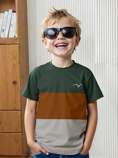 SHEIN 1pc Toddler Boys Casual T-Shirt, Green/Brown/Gray Colorblock With White Seagull Embroidery On Left Chest, Short Sleeve Round Neck, Comfortable Daily & Outdoor Wear For Spring/Summer
