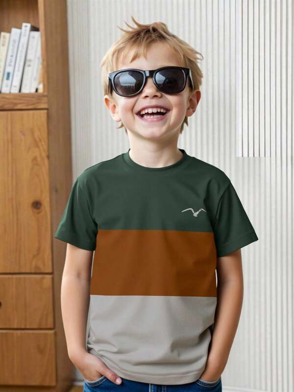 1pc Toddler Boys Casual T-Shirt, Green/Brown/Gray Colorblock With White Seagull Embroidery On Left Chest, Short Sleeve Round Neck, Comfortable Daily & Outdoor Wear For Spring/Summer