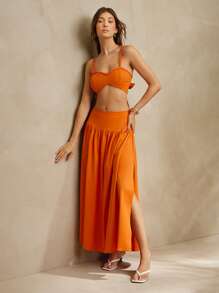 L'Amorae Falda larga de verano tipo línea A de color naranja sólido para vacaciones y playa con abertura lateral, verano, vacaciones, 4 de julio, playa - Naranja - Ver 5