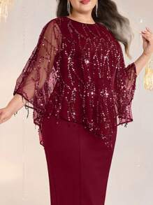 Modelyn Đầm bodycon dự tiệc thanh lịch cỡ lớn cho nữ & áo sequin 2 mảnh - Màu Đỏ Sâu - Xem 1
