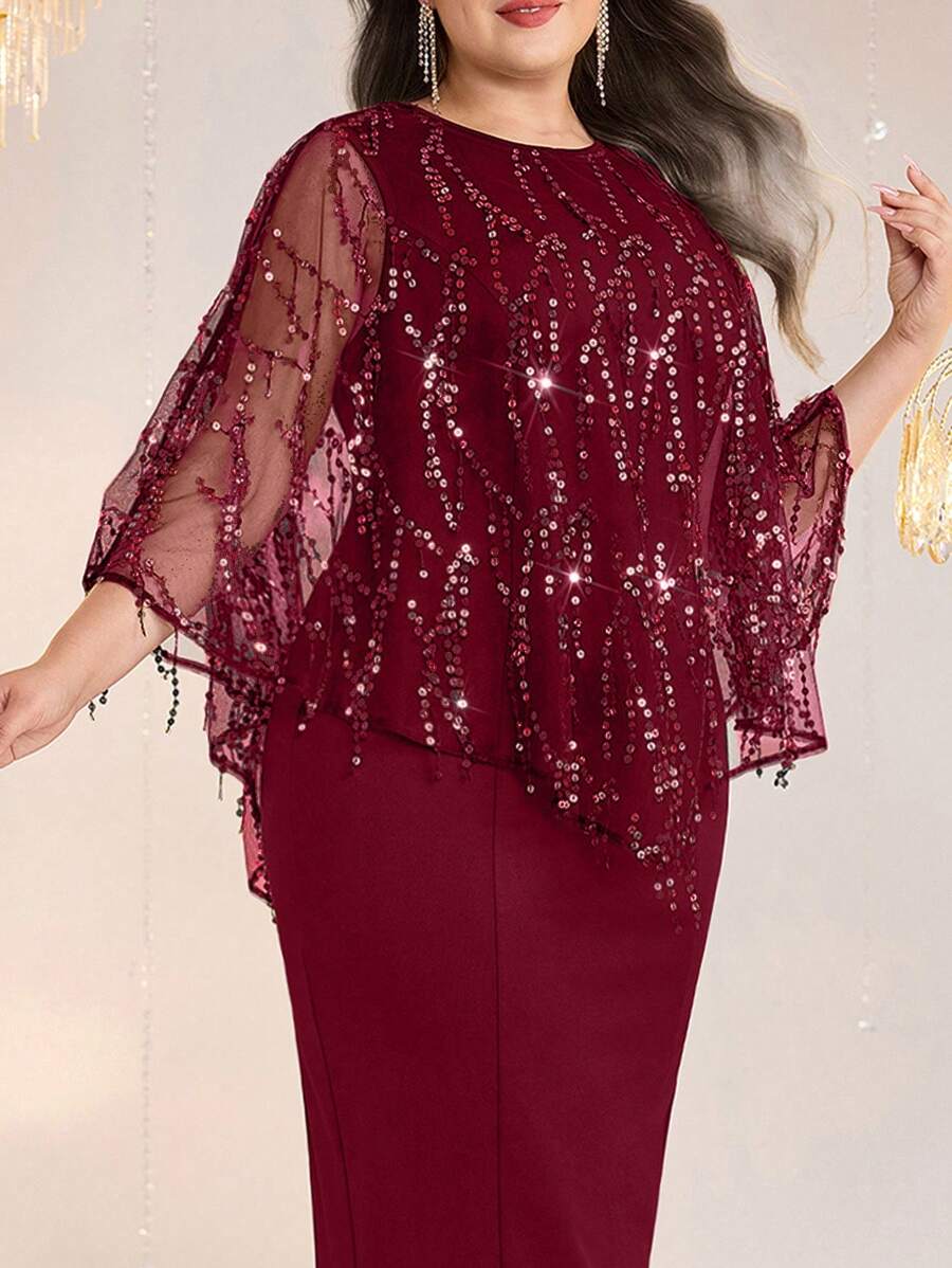 Modelyn Đầm bodycon dự tiệc thanh lịch cỡ lớn cho nữ & áo sequin 2 mảnh - Màu Đỏ Sâu - Xem 1