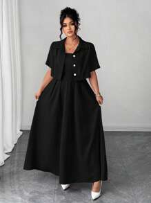 Elenzga Plus Size Women Elegant Fashion Personalized Versatile Artistic Style Lady Two-Piece Set: Short Sleeve Jacket + Maxi Dress, Suitable For Summer, Back To School, Graduation, Holiday, Valentine's Day, Music Festival, Mother's Day, Halloween, Thanksgiving, Easter, National Holiday, Dance Party, Date, Outdoor Activities - Black - View 3
