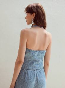 MOTF STUDIO HALTER JACQUARD DENIM TOP - Blue - View 3