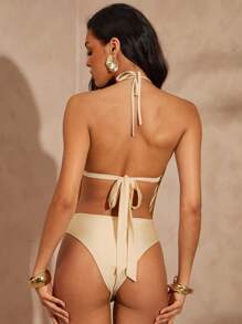 Hauture Sexy Summer Night Vacation Ornament Detail Cowl Halter Bodysuit - Apricot - View 2