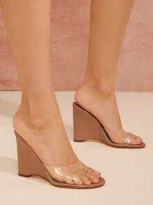 Hauture 女士透明坡跟穆勒鞋，时尚露趾凉鞋 - 米色 - 查看 2