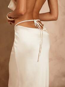 Hauture Damen Sommer Sexy Abend Urlaub Elfenbein Satin Lange Maxi Rock mit tiefem Rückenausschnitt