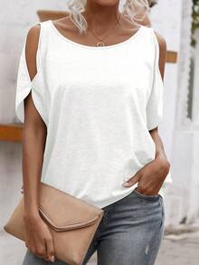 Zayélia Solid Cold Shoulder Tie Back Tee - White - View 4