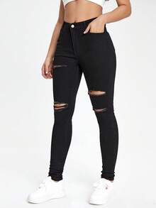 SHEIN PETITE 女款休閒百搭緊身牛仔褲 - 黑色 - 查看 6