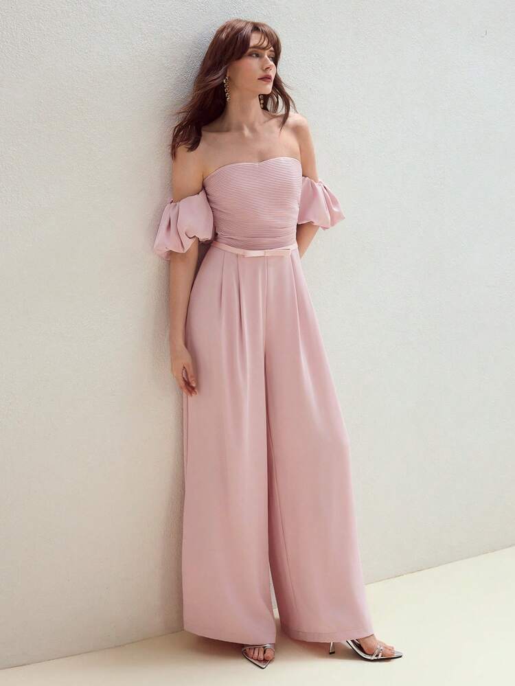 ELEGANT OFF SHOULDER RUCHED BODICE BOW BELT WIDE LEG JUMPSUIT