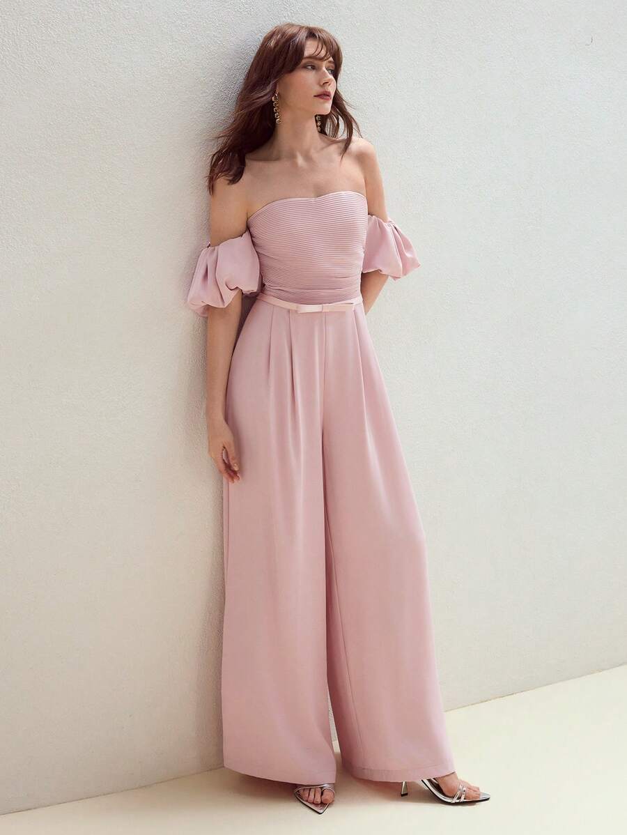 MOTF PREMIUM 优雅露肩褶饰紧身胸衣蝴蝶结腰带阔腿连体裤 - 粉色 - 查看 1