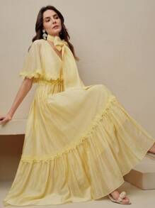 Anewsta Summer Fashion & Vacation Style Floral Lace Patchwork Women's Dress, Butter Yellow - Yellow - View 6