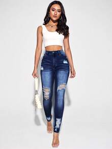 Selenza Quần jean nữ Nút Túi Bị tách Dây kéo màu trơn - Rửa tối - Xem 4