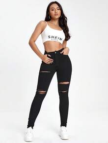 SHEIN PETITE 女款休閒百搭緊身牛仔褲 - 黑色 - 查看 3