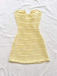 Soleia Women's Sexy Asymmetrical Neckline Fitted Mini Dress, Suitable For Vacation, Beach, Summer Outfits, Boho Style, Vacation, Crochet, Linen, Textured - Yellow - View 2