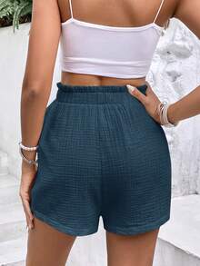 SHEIN Frenchy 女士纯色纸袋腰休闲夏季纹理面料短裤 - 藍色 - 查看 2