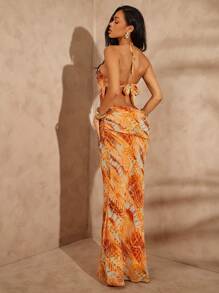 Hauture Robe de vacances sexy à bretelles pour femme avec ourlet de sirène, imprimé abstrait à carreaux mélangé - Jaune citron - Voir 3