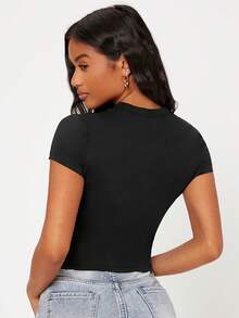 SHEIN BASICS Camiseta unicolor forma ajustada - Negro - Ver 2