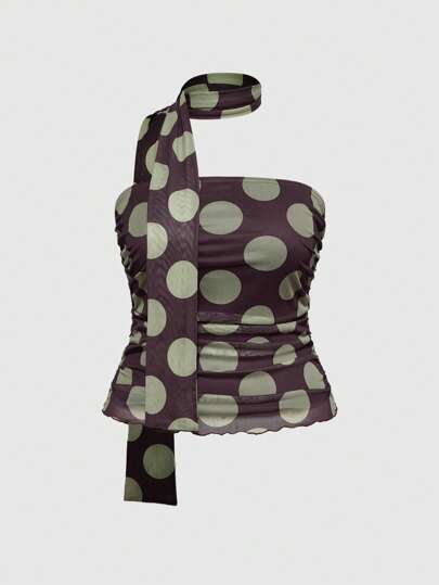 ROMWE Avant Parte superior corta con bloques de color de lunares retro de vacaciones siciliana estilo Y2K para mujer de talla grande