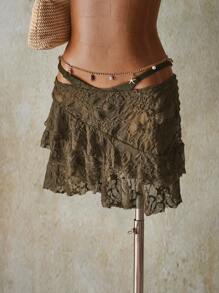 SHEIN ICON Women's Vacation Waist Cutout Ruffle Hem Fashion Coverup Skirt, Y2k Clothes Women Bohemian Skirt Hippie Skirt Bikini Cover Up Skirt Khaki Skirt Lace Skirt - Green - View 1