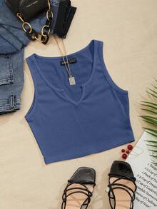 SHEIN LUNE Notch Neck Rib-knit Tank Top - Dusty Blue - View 3