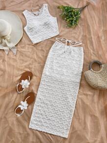 Soleia Women Holiday Summer White Floral Lace Cami Top And Split Skirt Set, Casual For Dates, Afternoon Tea, Parties, Music Festivals, Boho Vacation Lace 2 Pieces Set Crochet Skirt Set White Skirt And Top Set Beach Outfits For Woman Skirt Set