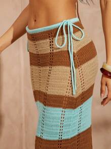 Hauture Low-Waist Brown And Beige Stripe Knitted Pants, Boho, Vacation