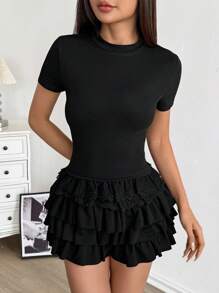Camiseta de manga corta con cuello redondo, parches y volantes en el bajo, de color liso y estilo elegante para mujer - Negro - Ver 7