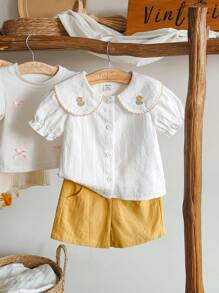 SHEIN Vintaside Kids طقمين ملابس أنيقة وعصرية للأطفال البنات لفصلي الربيع والصيف، طراز القرية المجعد المنقش