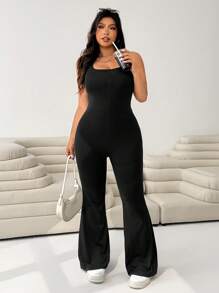 Solflare 夏季大码黑色露背修身无袖连体裤 - 黑色 - 查看 2
