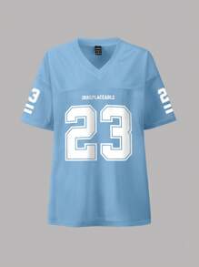 INAWLY Women's Loose V-Neck T-Shirt With "Irreplaceable" Slogan And Number 23 Graphic Print - Dusty Blue - View 3