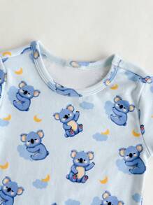 男婴卡通动物印花柔软针织圆领短袖上衣和松紧腰裤两件套舒适睡衣套装 - 藍色 - 查看 4