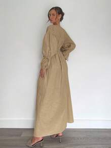 Siren Gaze Váy dài thắt eo xếp ly mới cho nữ mùa thu đông, viền rộng, 100% cotton, váy dài thường ngày rộng rãi cho nữ, váy mùa thu cho nữ, váy trang trọng cho nữ, váy thanh lịch cho nữ, váy ngày lễ, váy lễ tạ ơn, váy vải lanh cotton cho nữ - Màu Khaki - Xem 2