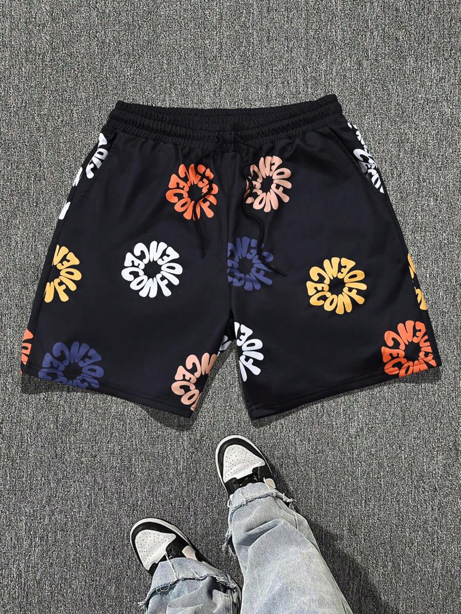 Manfinity LEGND Shorts casuales diarios sueltos con cordón y bolsillos estampados para hombre de talla grande