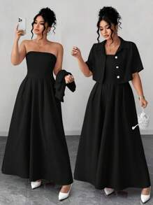 Elenzga Plus Size Women Elegant Fashion Personalized Versatile Artistic Style Lady Two-Piece Set: Short Sleeve Jacket + Maxi Dress, Suitable For Summer, Back To School, Graduation, Holiday, Valentine's Day, Music Festival, Mother's Day, Halloween, Thanksgiving, Easter, National Holiday, Dance Party, Date, Outdoor Activities - Black - View 1