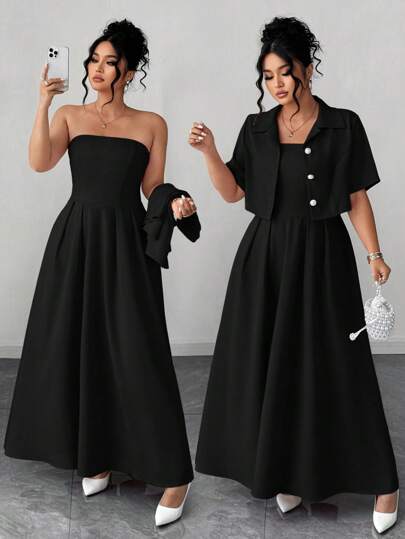 Elenzga Plus Size Women Elegant Fashion Personalized Versatile Artistic Style Lady Two-Piece Set: Short Sleeve Jacket + Maxi Dress, Suitable For Summer, Back To School, Graduation, Holiday, Valentine's Day, Music Festival, Mother's Day, Halloween, Thanksgiving, Easter, National Holiday, Dance Party, Date, Outdoor Activities