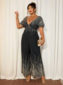 Cravure Plus Size Women V-Neck Batwing Sleeve Metallic Sequins Graphic Jumpsuit, Sexy Wide Leg One Piece Playsuit For Summer - Multicolor - View 7