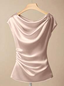 Franclia Women's Plain Simple Pleated Shirt - Khaki - View 3