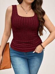 SHEIN LUNE Plus Size Women's Solid Color Wide Strap Simple Ribbed Tank Top, Casual Everyday Wear