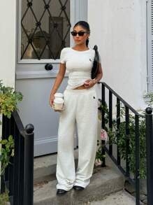 SHEIN EZwear 2件套女士休闲短袖上衣和宽松裤子套装 - 淺灰色 - 查看 4